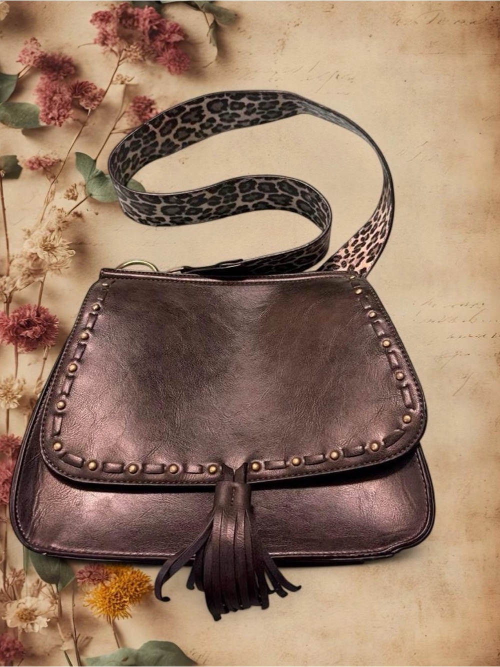 Women's Dark Brown Leather Crossbody Bag with Stud Trim and Tassel